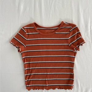 American Eagle Outfitters Women’s Rust Striped Ribbed Tee Ruffle Hem Size XS
